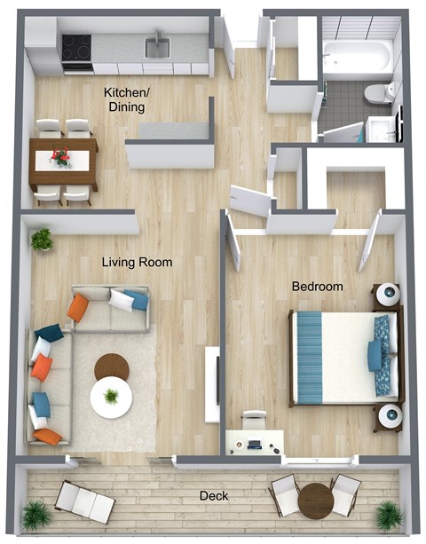 A floor plan of a house showing a kitchen, dining room, living room, bedroom, and deck.
